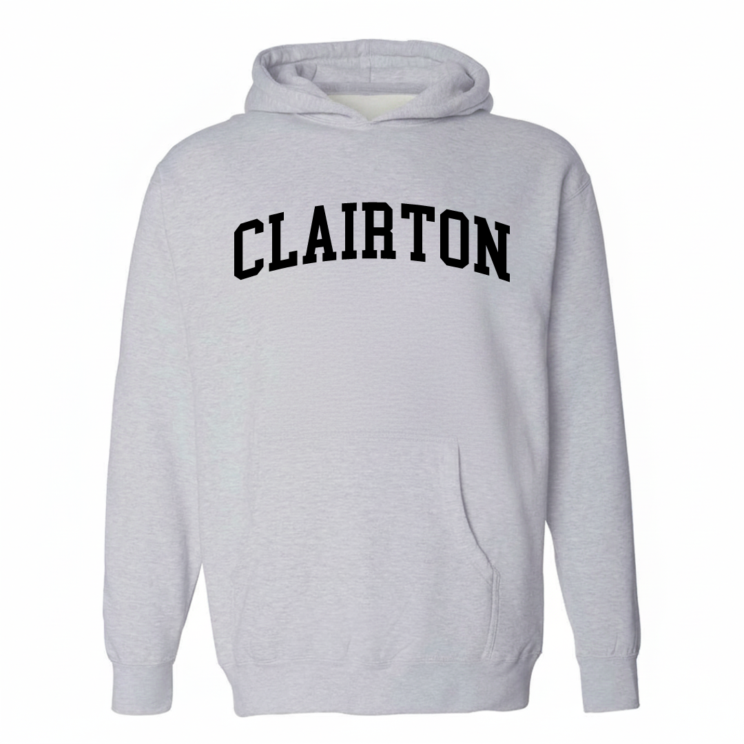 Heather-gray hoodie with the Clairton varsity arched lettering design on the chest.