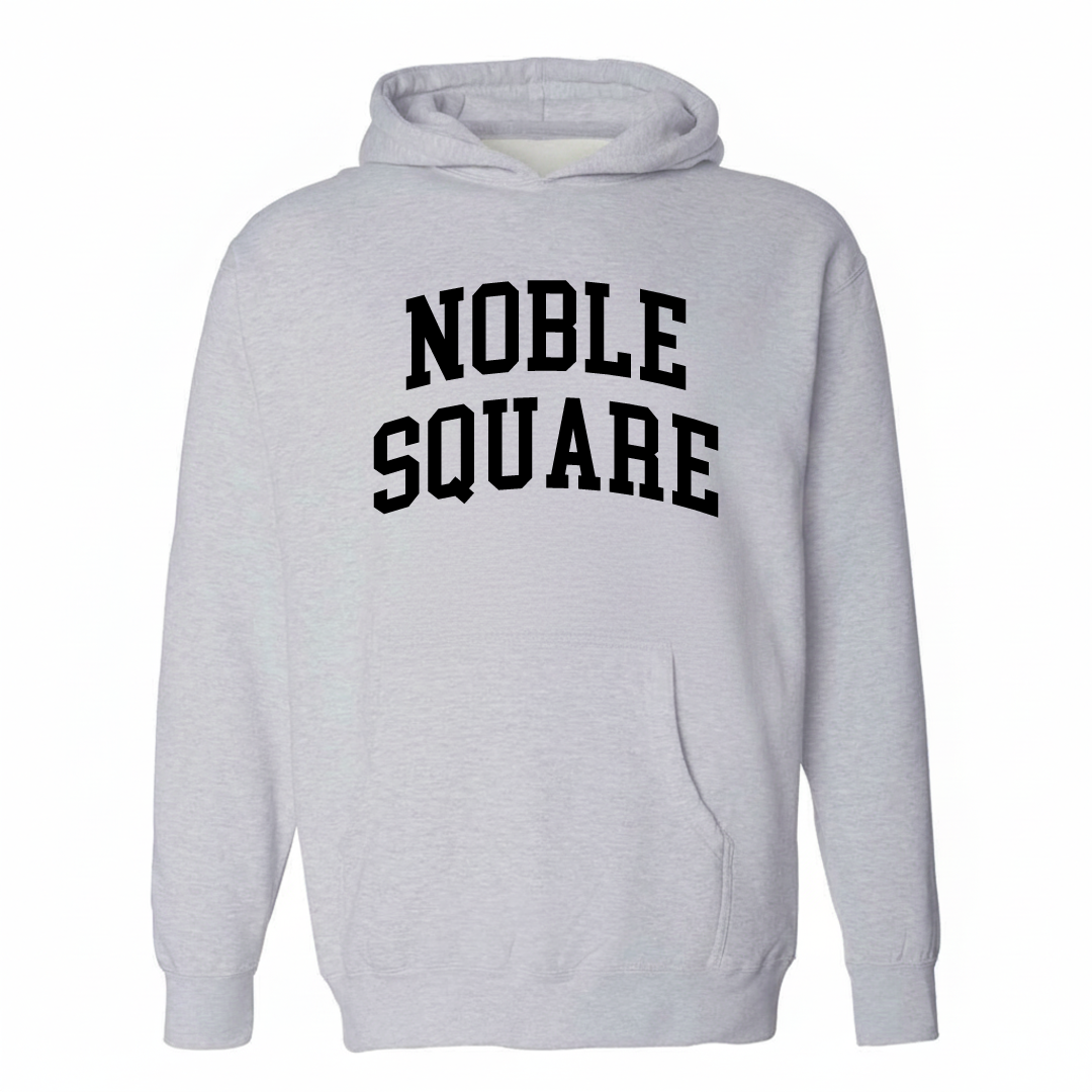 Heather-gray hoodie with the Noble Square varsity arched lettering design on the chest.