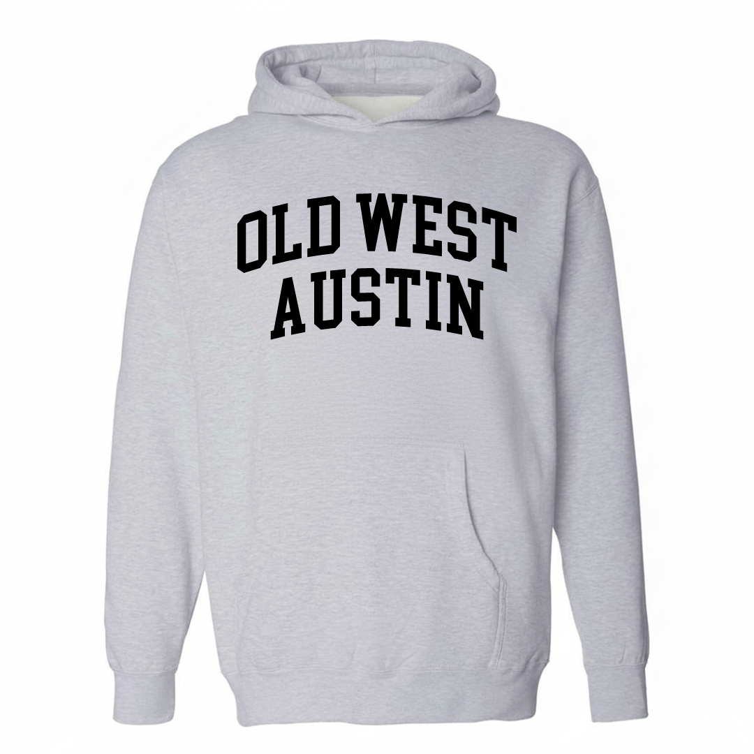 Heather-gray hoodie with the Old West Austin arched varsity lettering design on the chest.