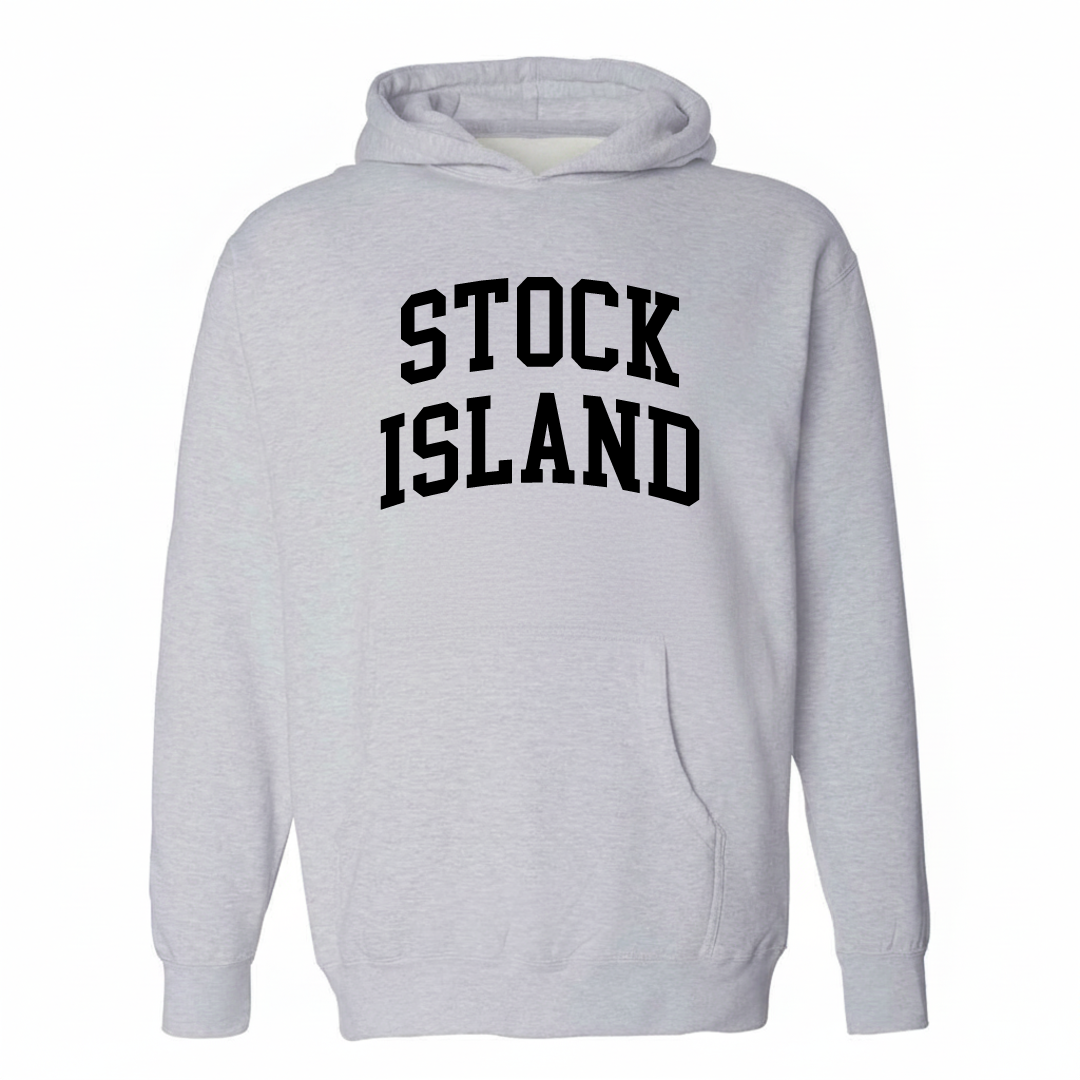Heather-gray hoodie with the Stock Island arched lettering design on the chest.