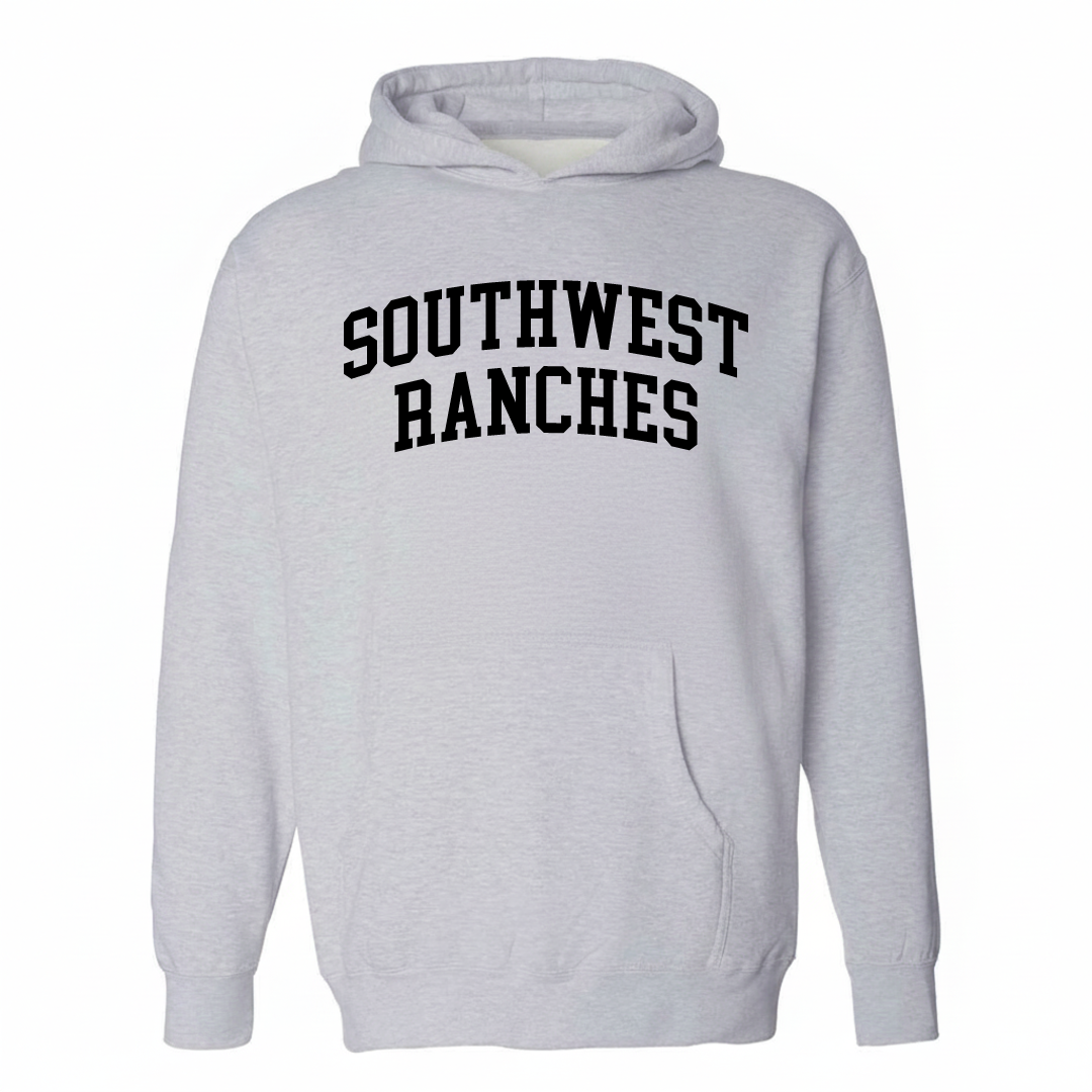 Heather-gray hoodie with the Southwest Ranches arched lettering varsity-collegiate design on the chest.