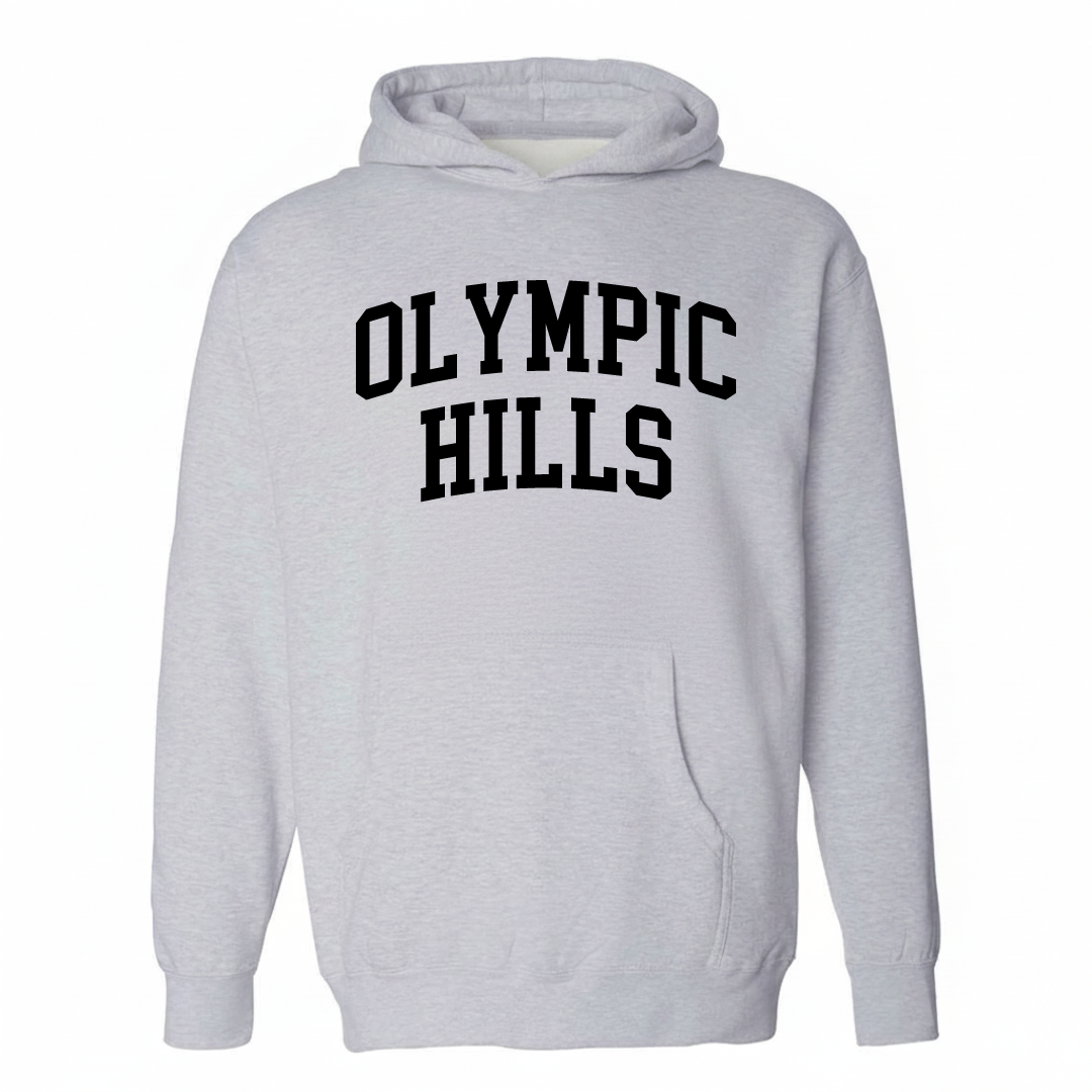 Heather-gray hoodie with the Olympic Hills varsity arched lettering design on the chest.