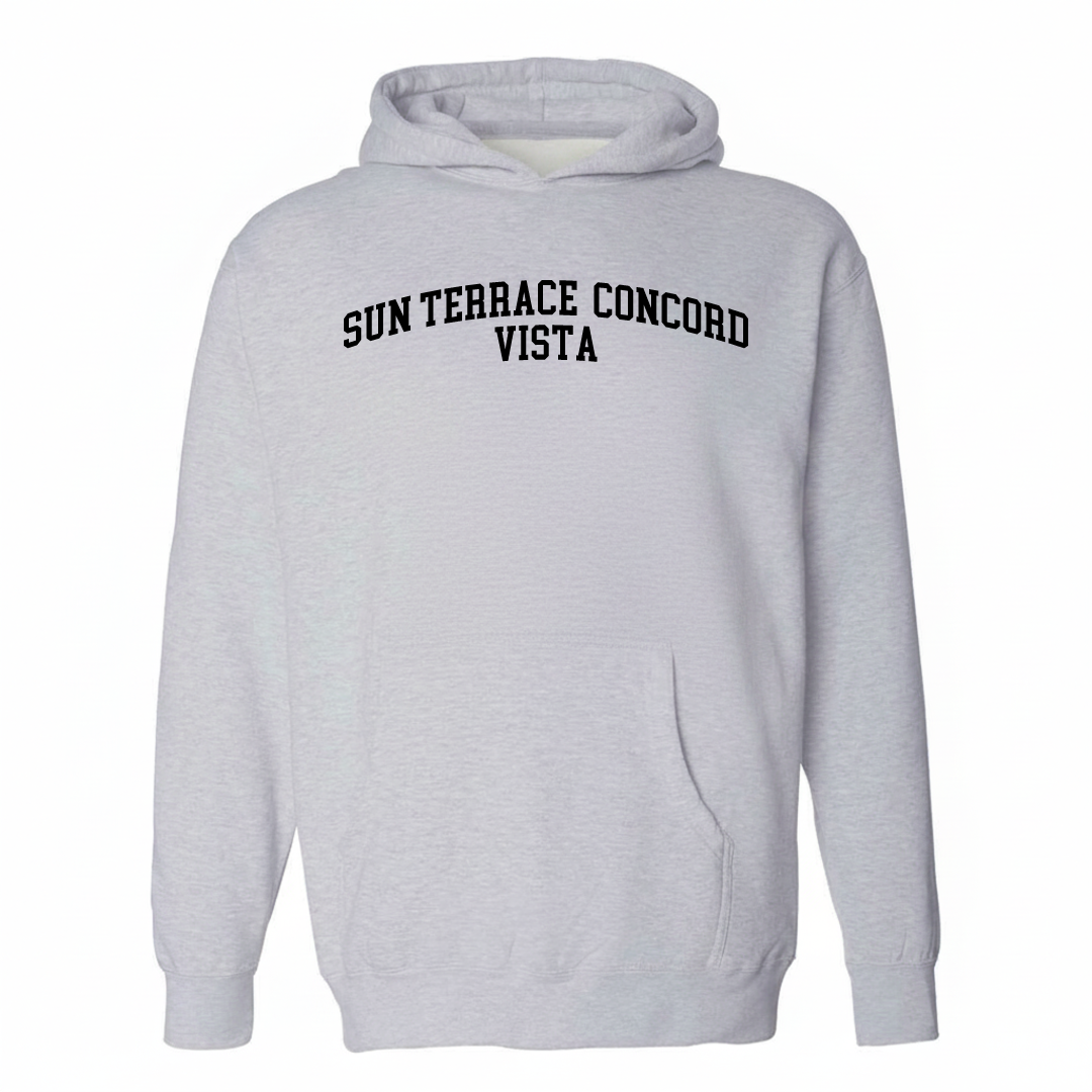 Heather-gray hoodie with the Sun Terrace Concord Vista varsity arched lettering design on the chest.