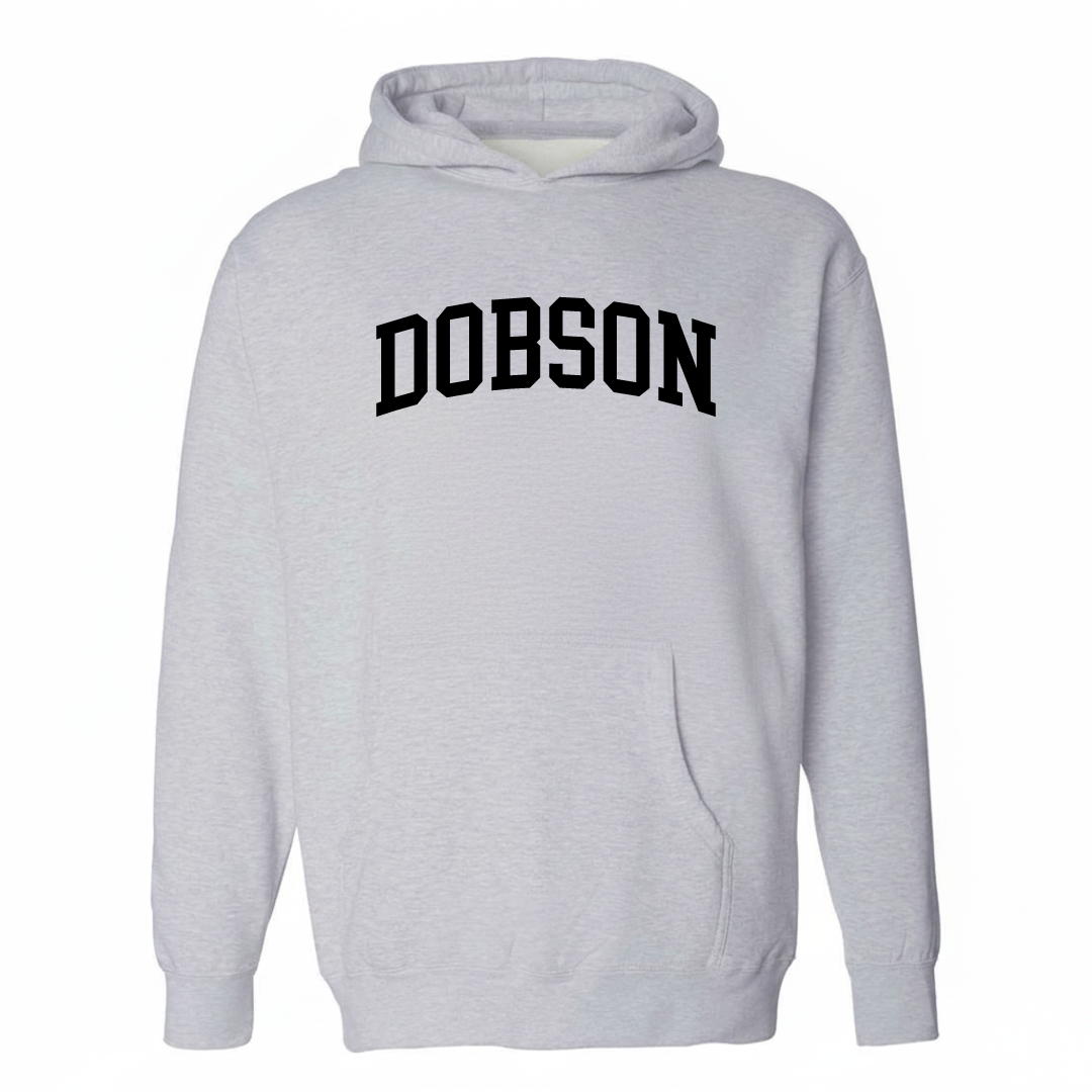 Heather-gray hoodie with the Dobson varsity arched lettering design on the chest.