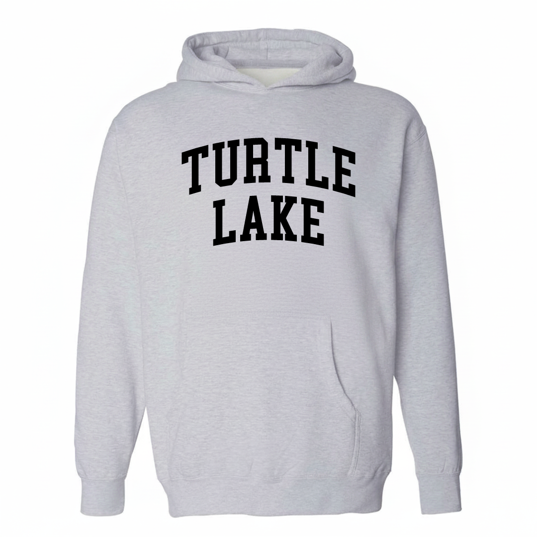 Heather-gray hoodie with the Turtle Lake varsity arched lettering design on the chest.