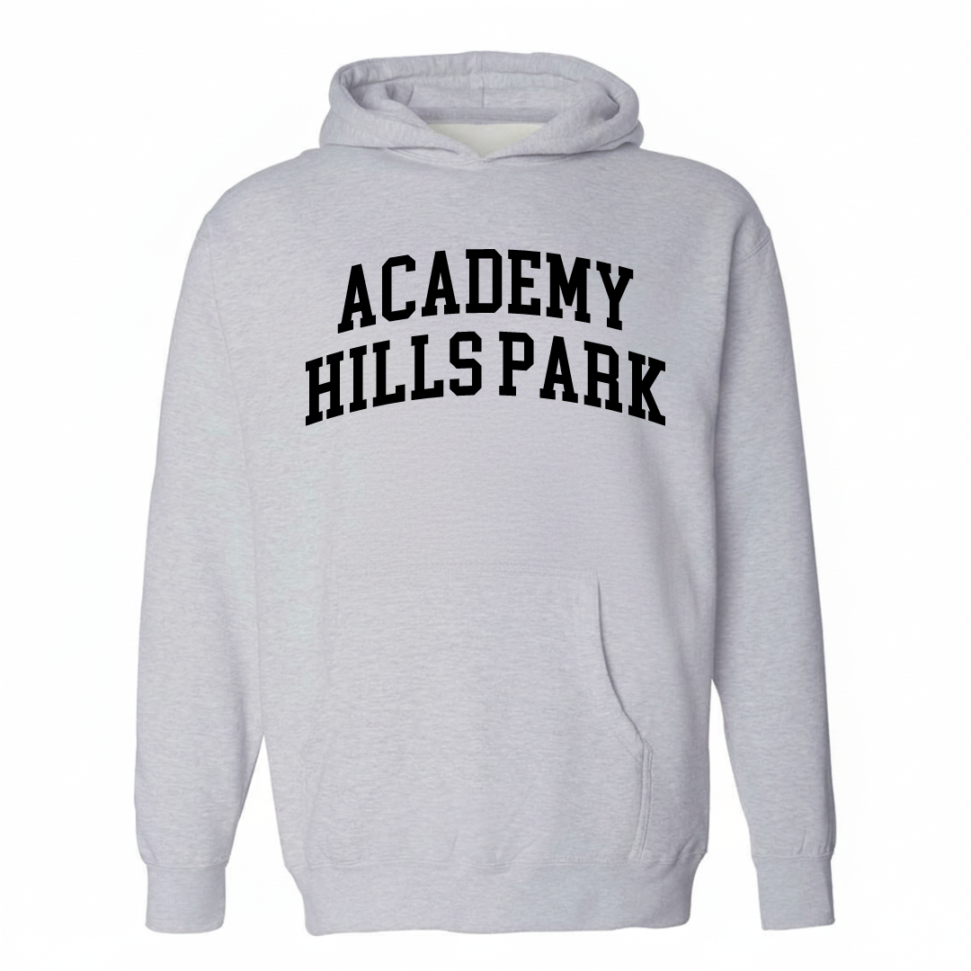 Heather-gray hoodie with the Academy Hills Park varsity arched lettering design on the chest.