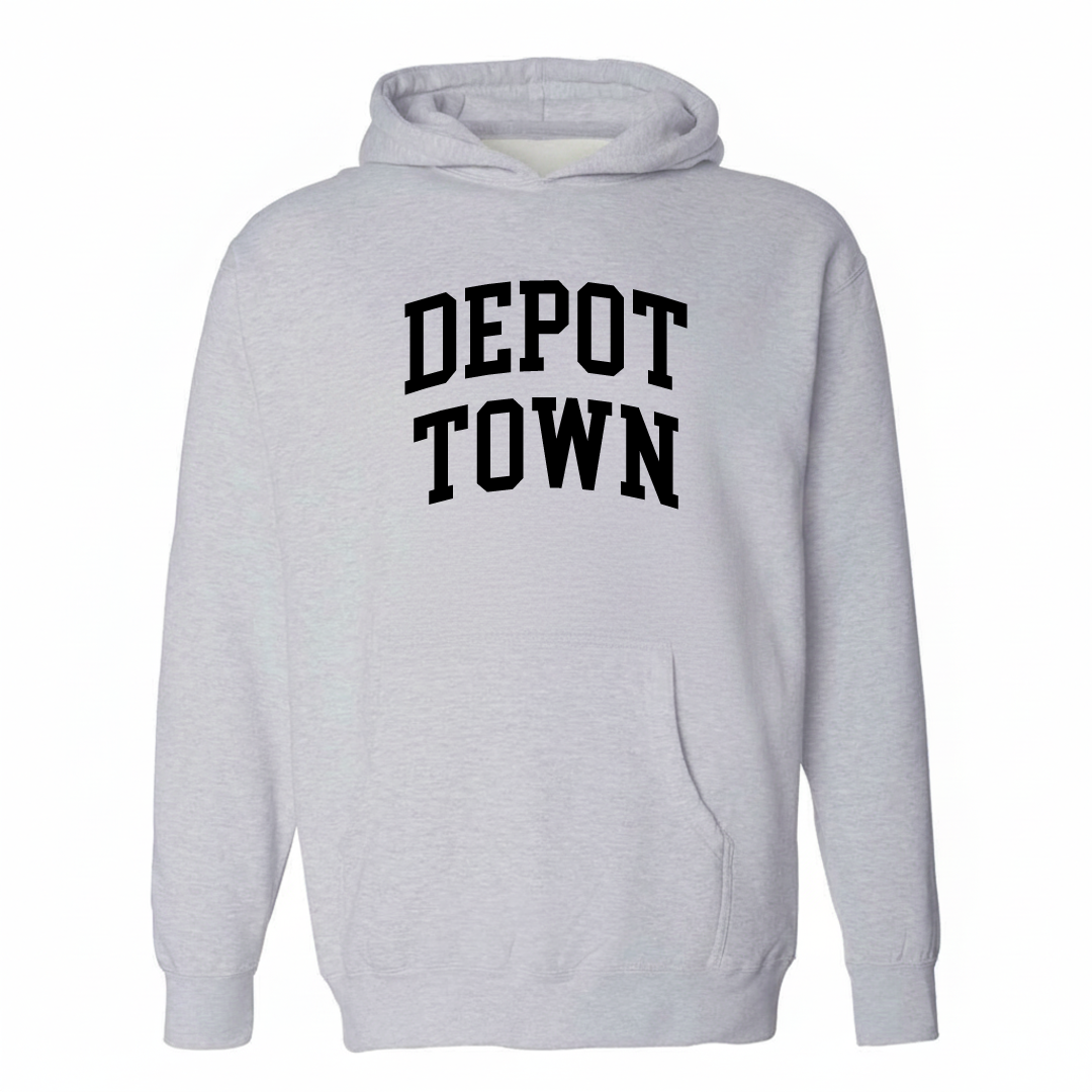 Heather-gray hoodie with the Depot Town arched lettering varsity-collegiate design on the chest.