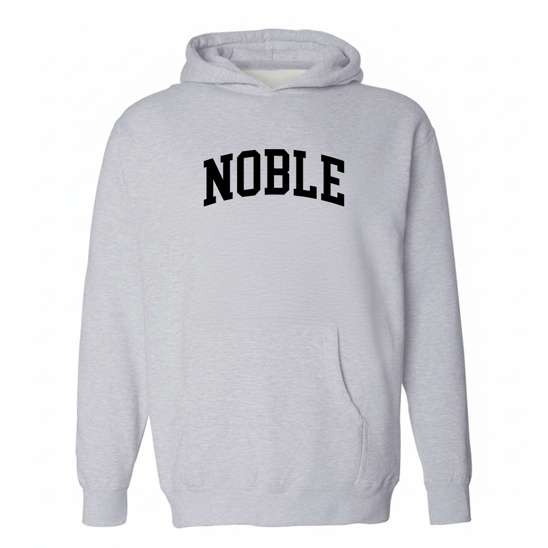 Heather-gray hoodie with the Noble arched varsity-collegiate lettering design on the chest.