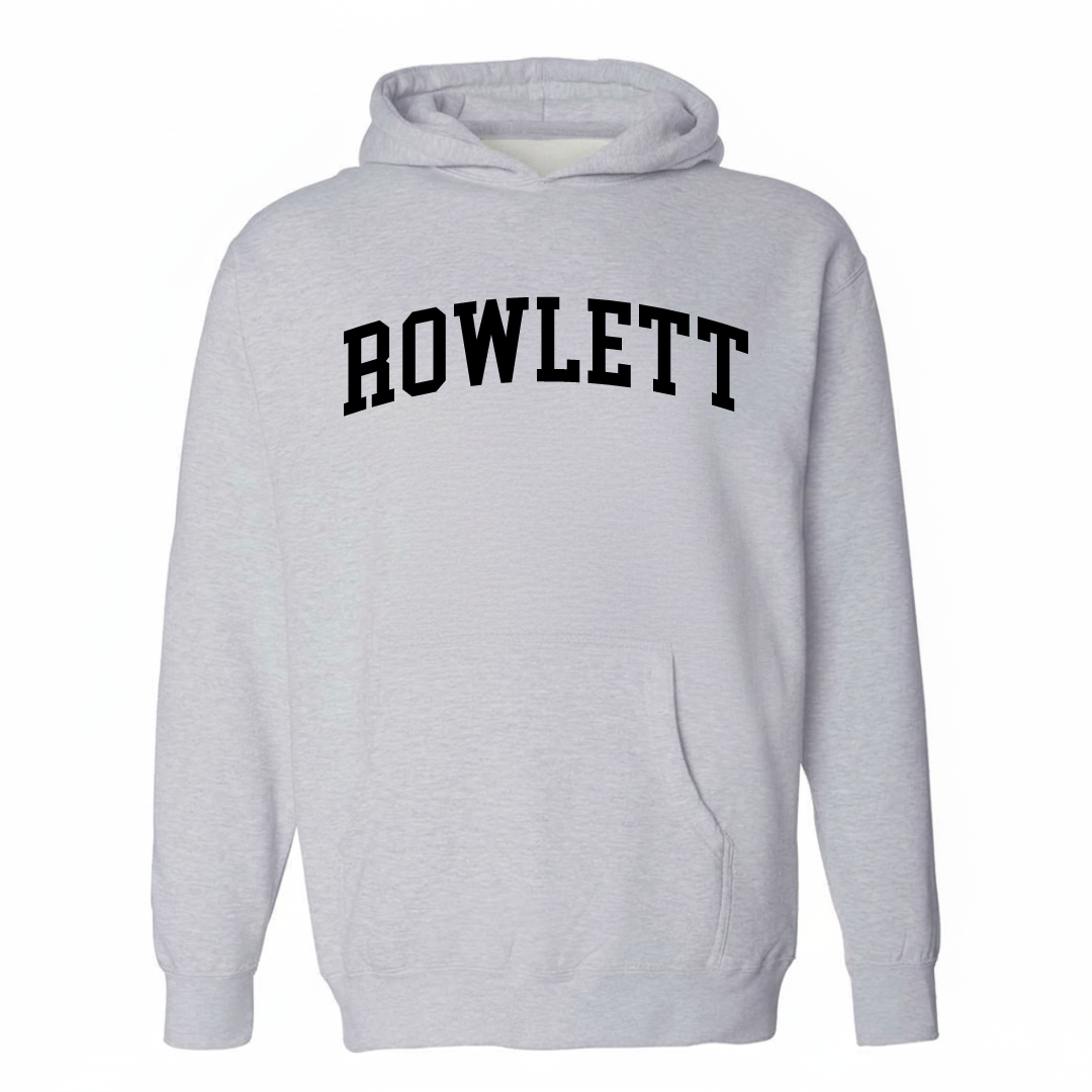 Heather-gray hoodie with the Rowlett varsity arched lettering design on the chest.