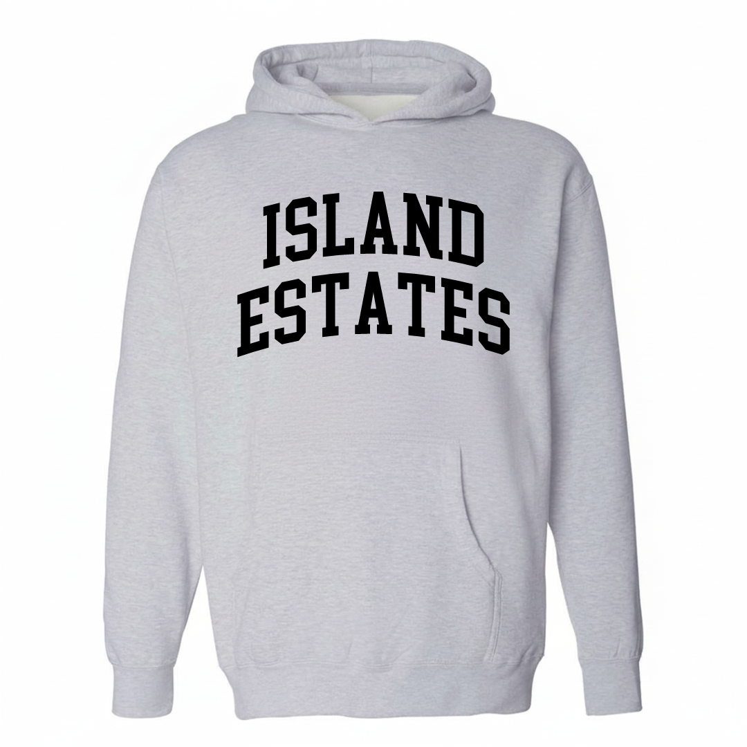 Heather-gray hoodie with the Island Estates arched lettering design on the chest.