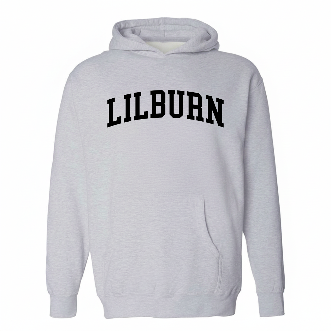 Heather-gray hoodie with the Lilburn varsity arched lettering design on the chest.