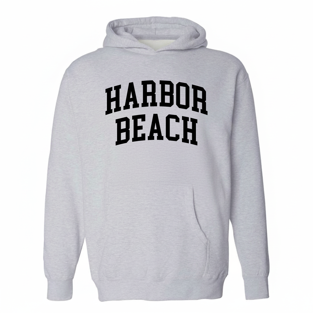 Heather-gray hoodie with the Harbor Beach varsity arched lettering design on the chest.