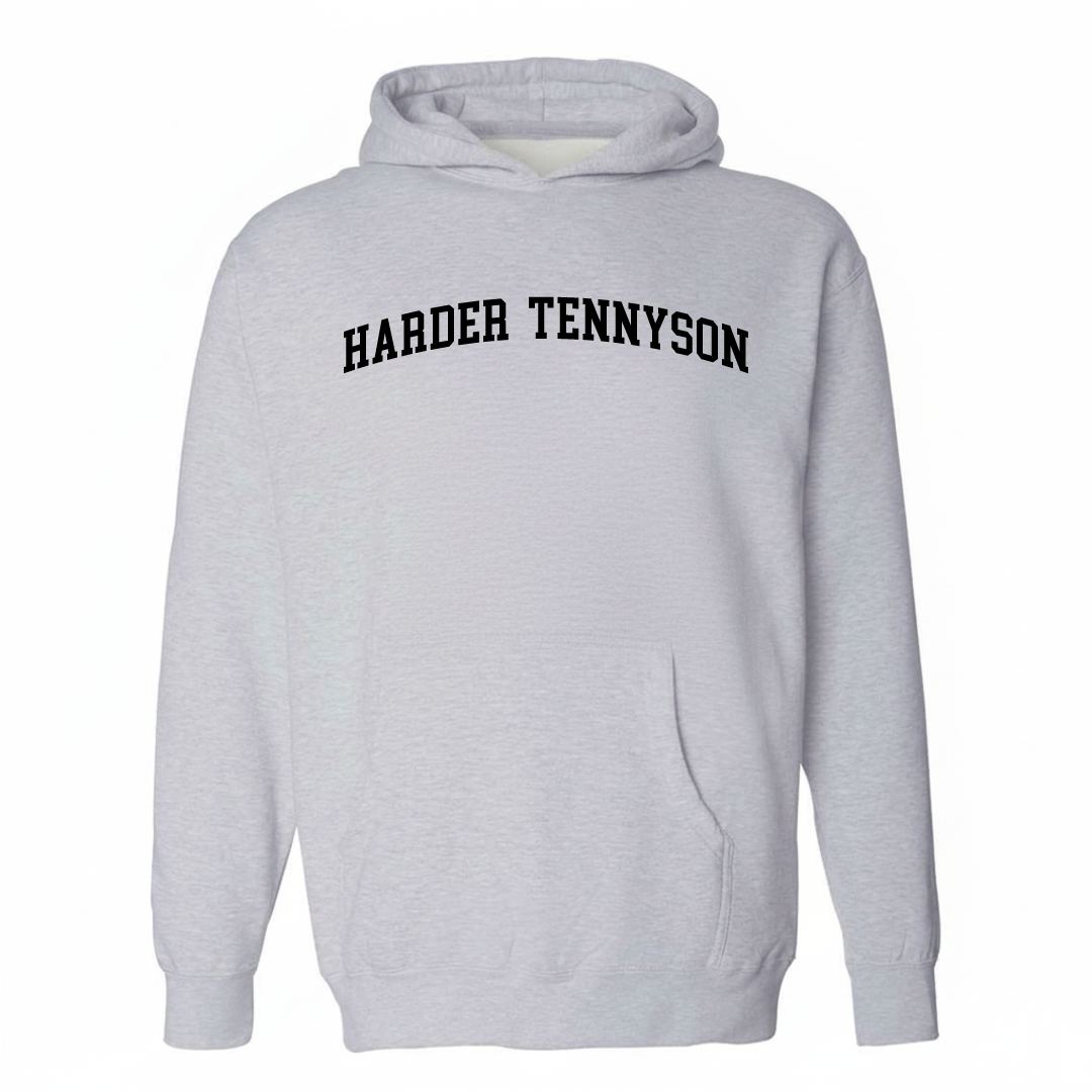 Heather-gray hoodie with the Harder/Tennyson varsity arched lettering design on the chest.