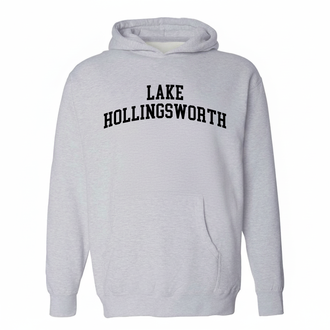 Heather-gray hoodie with the Lake Hollingsworth varsity arched lettering design on the chest.