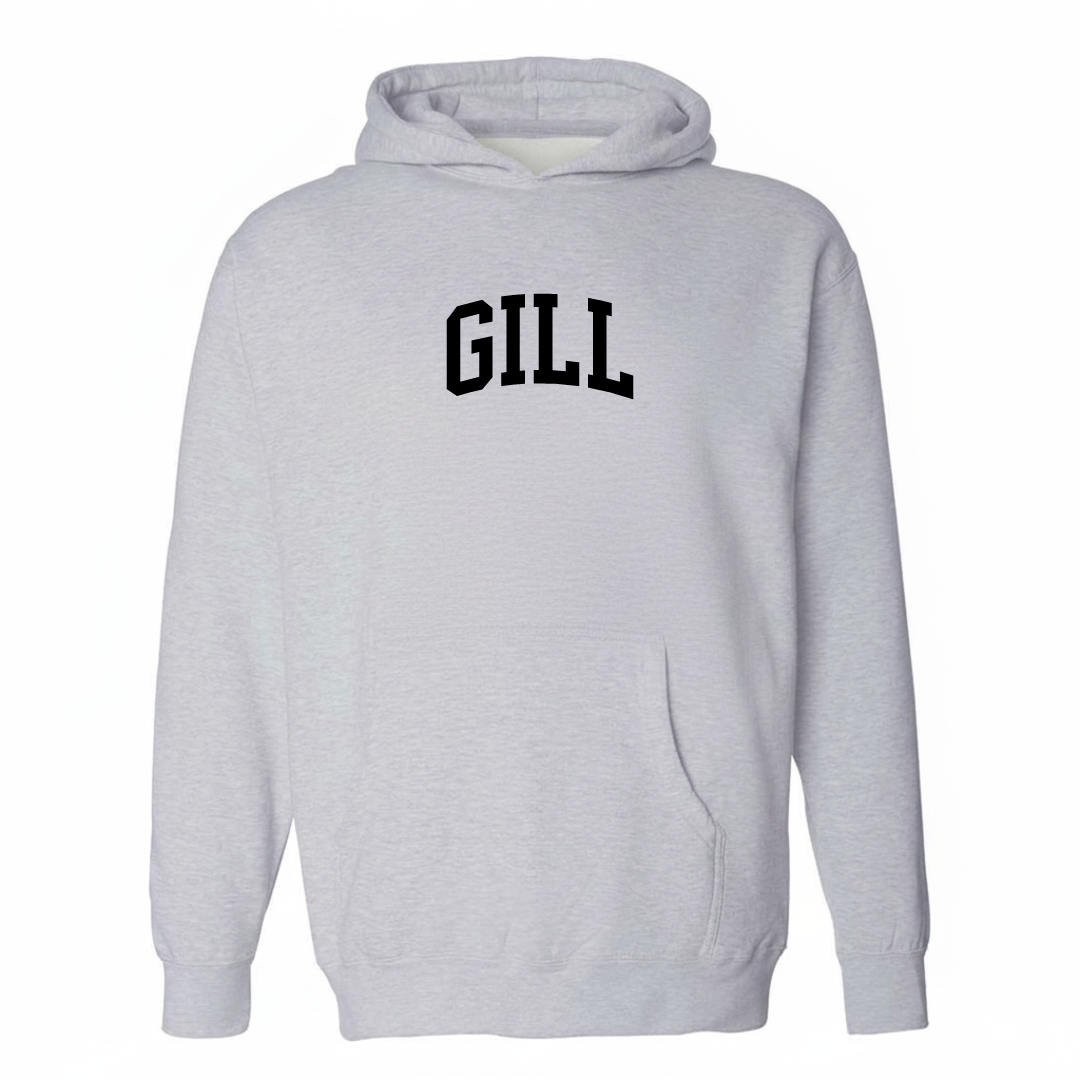 Heather-gray hoodie with the Gill arched lettering varsity-collegiate design on the chest.