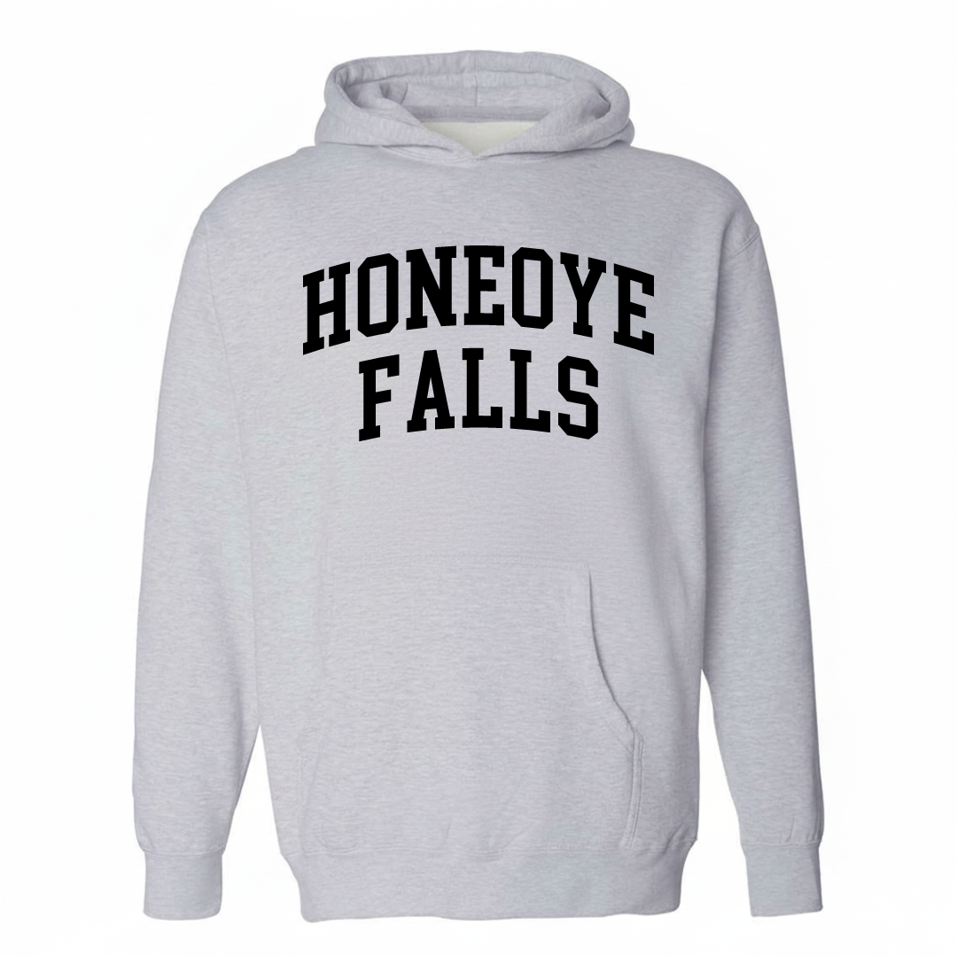 Heather-gray hoodie with the Honeoye Falls varsity arched lettering design on the chest.