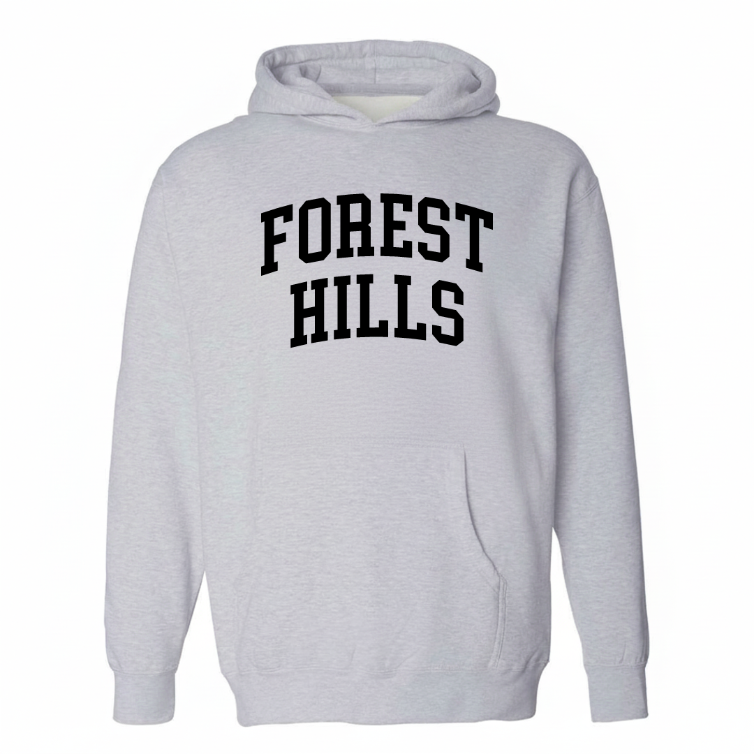 Heather-gray hoodie with the Forest Hills varsity arched lettering design on the chest.