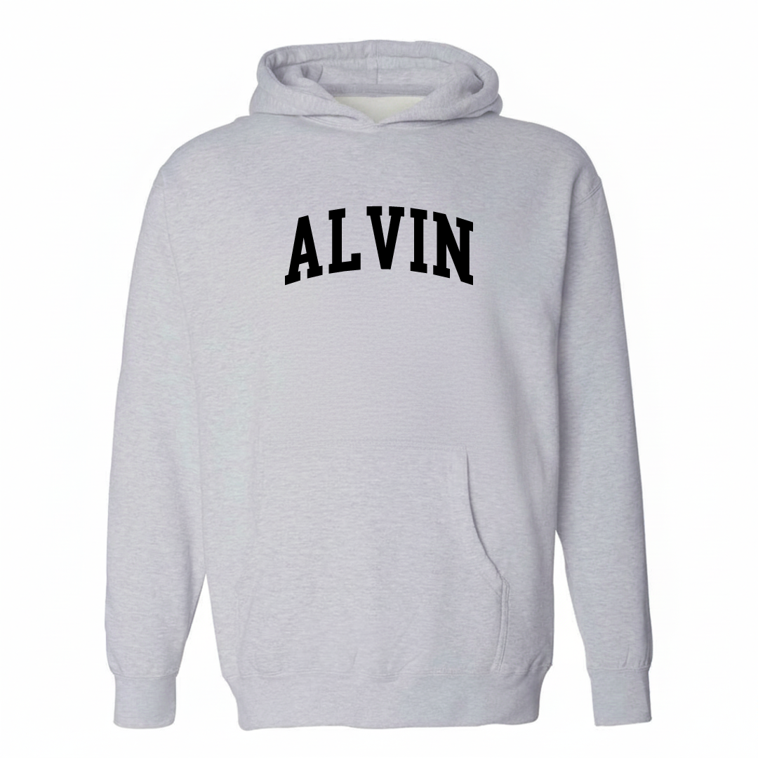 Heather-gray hoodie with the Alvin arched varsity lettering design on the chest.
