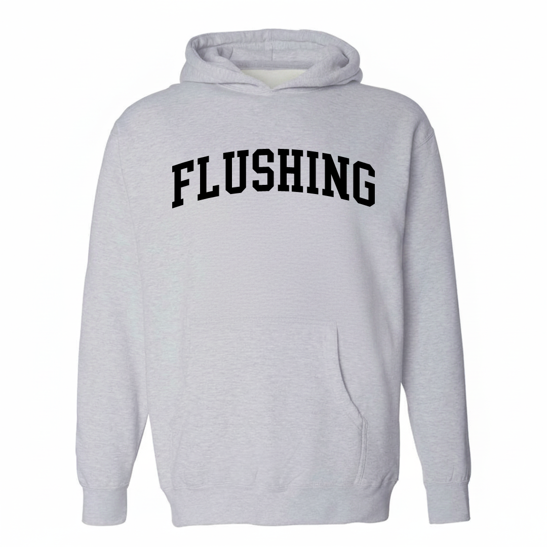 Heather-gray hoodie with the Flushing Michigan varsity arched lettering design on the chest.