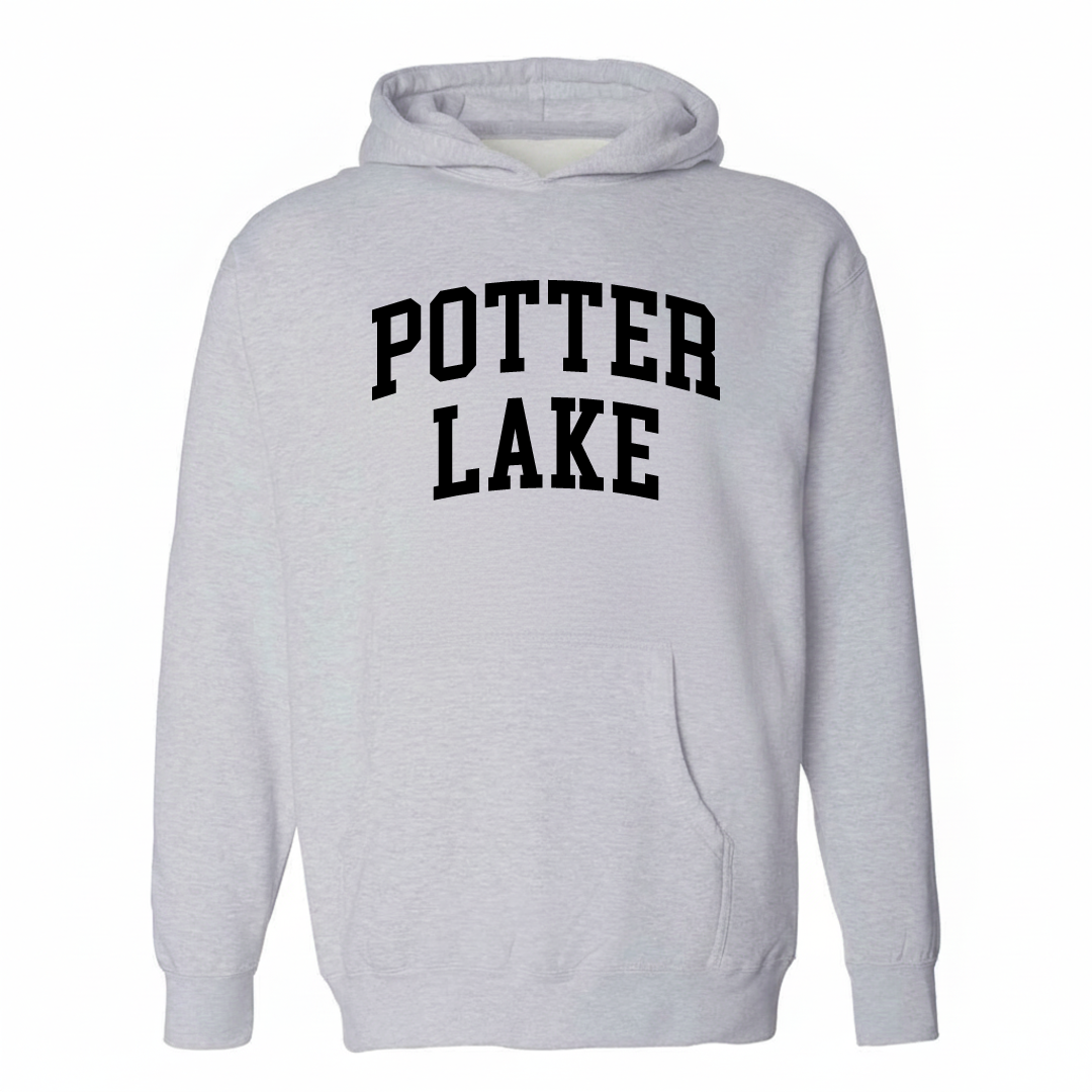 Heather-gray hoodie with the Potter Lake varsity arched lettering design on the chest.