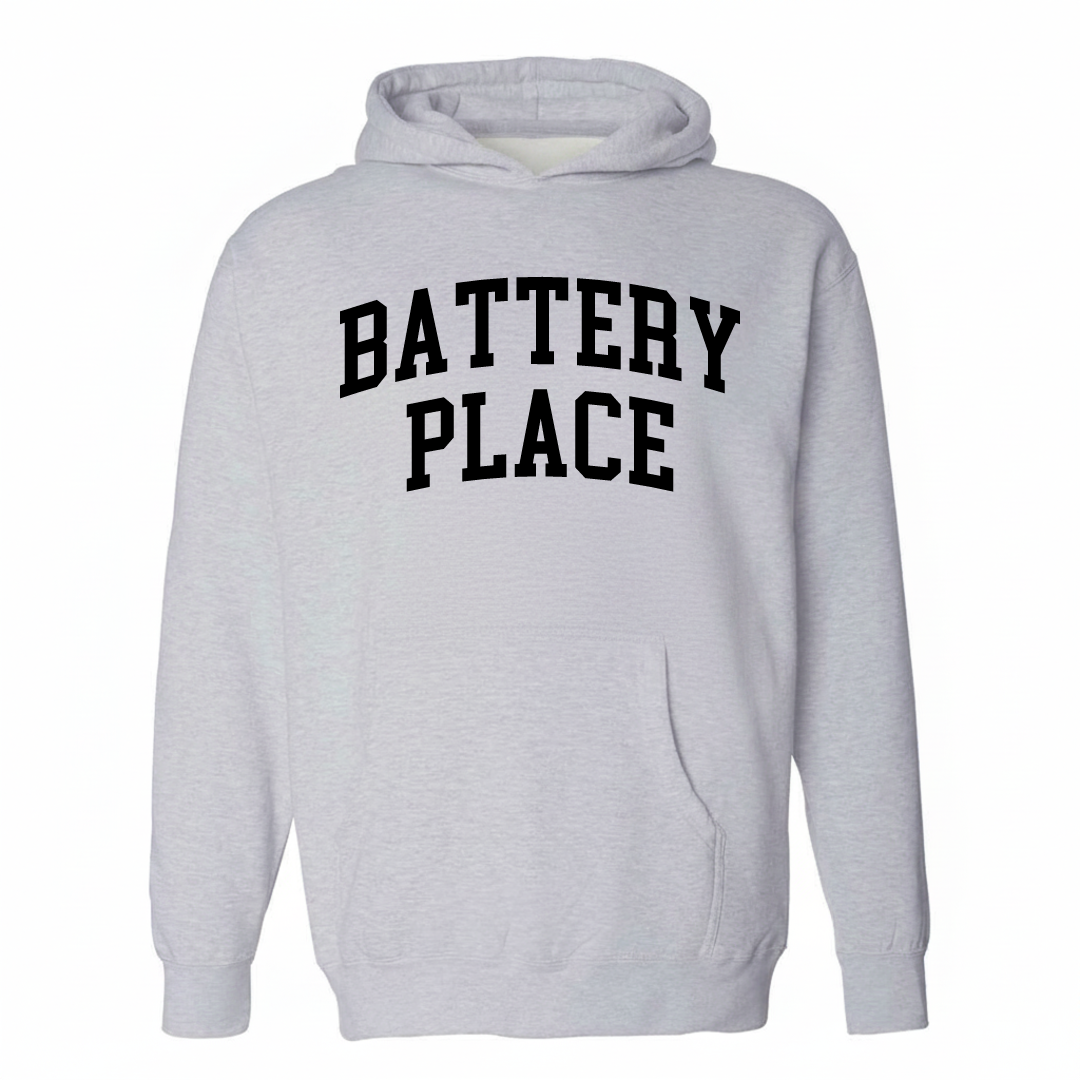 Heather-gray hoodie with the Battery Place arched lettering design on the chest.