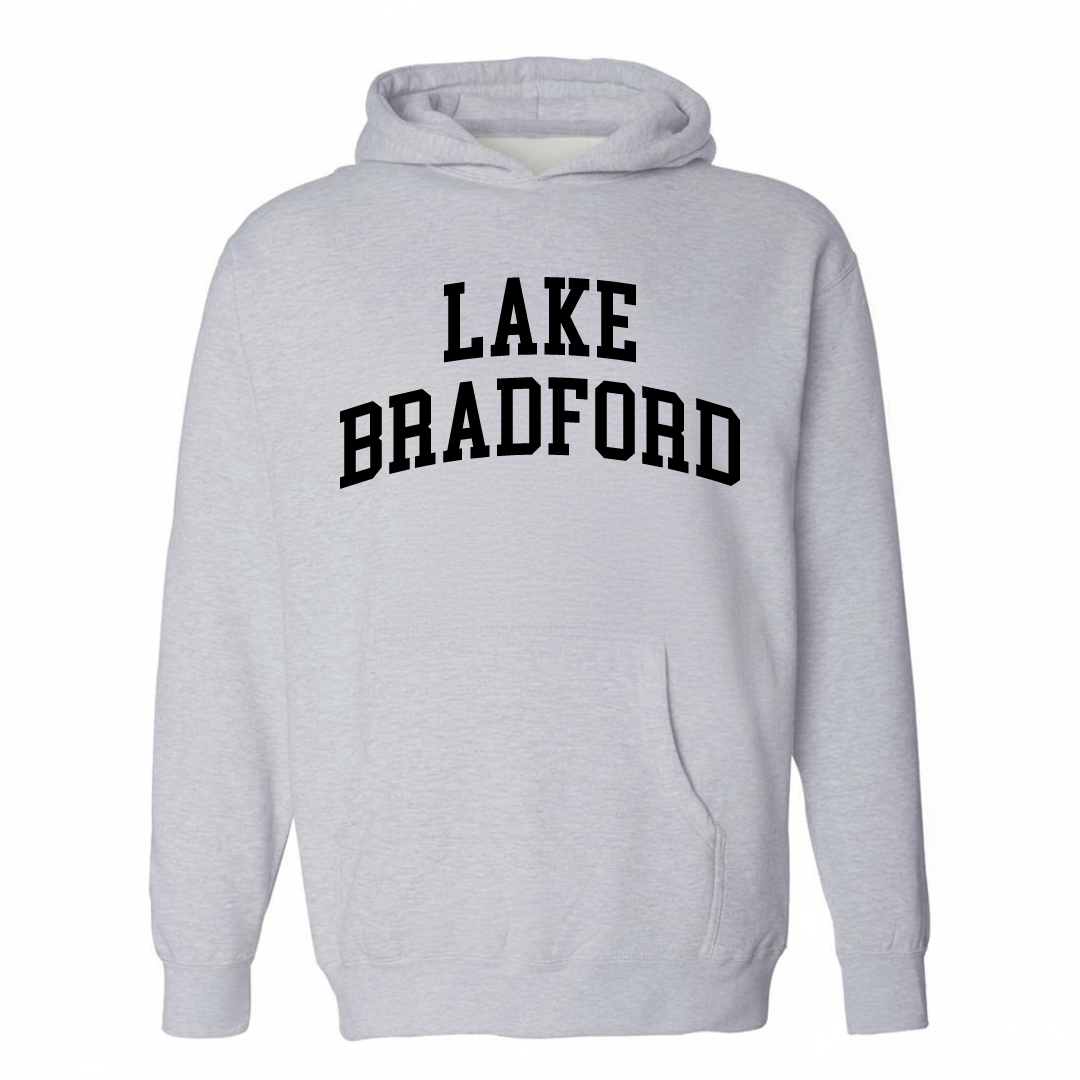 Heather-gray hoodie with the Lake Bradford varsity arched lettering design on the chest.