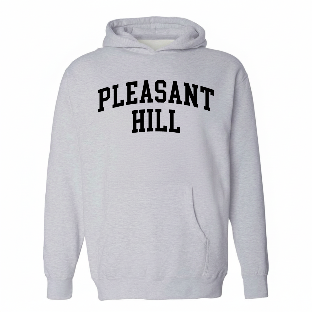 Heather-gray hoodie with the Pleasant Hill arched lettering varsity-collegiate design on the chest.