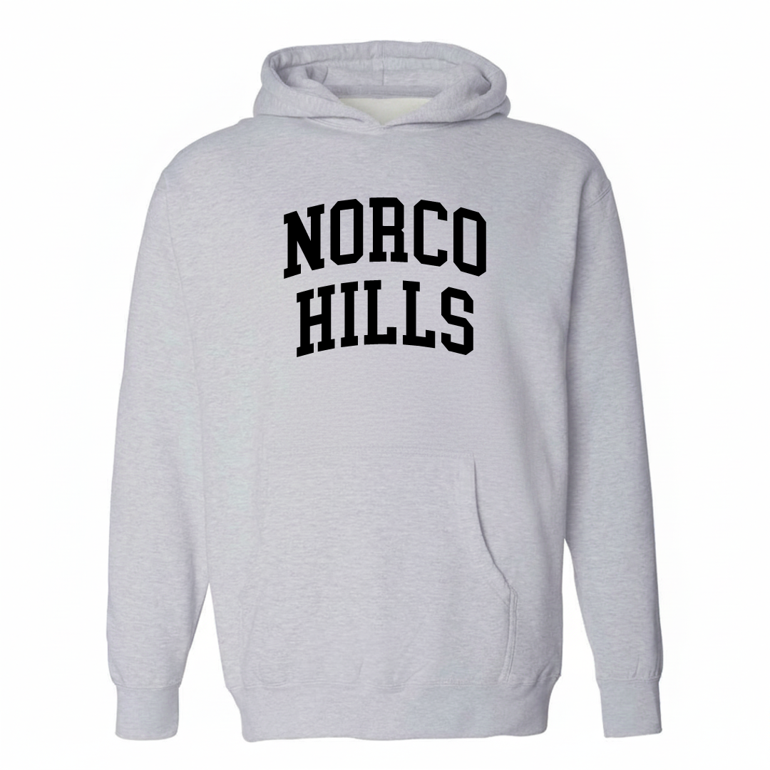 Heather-gray hoodie with the Norco Hills varsity arched lettering design on the chest.