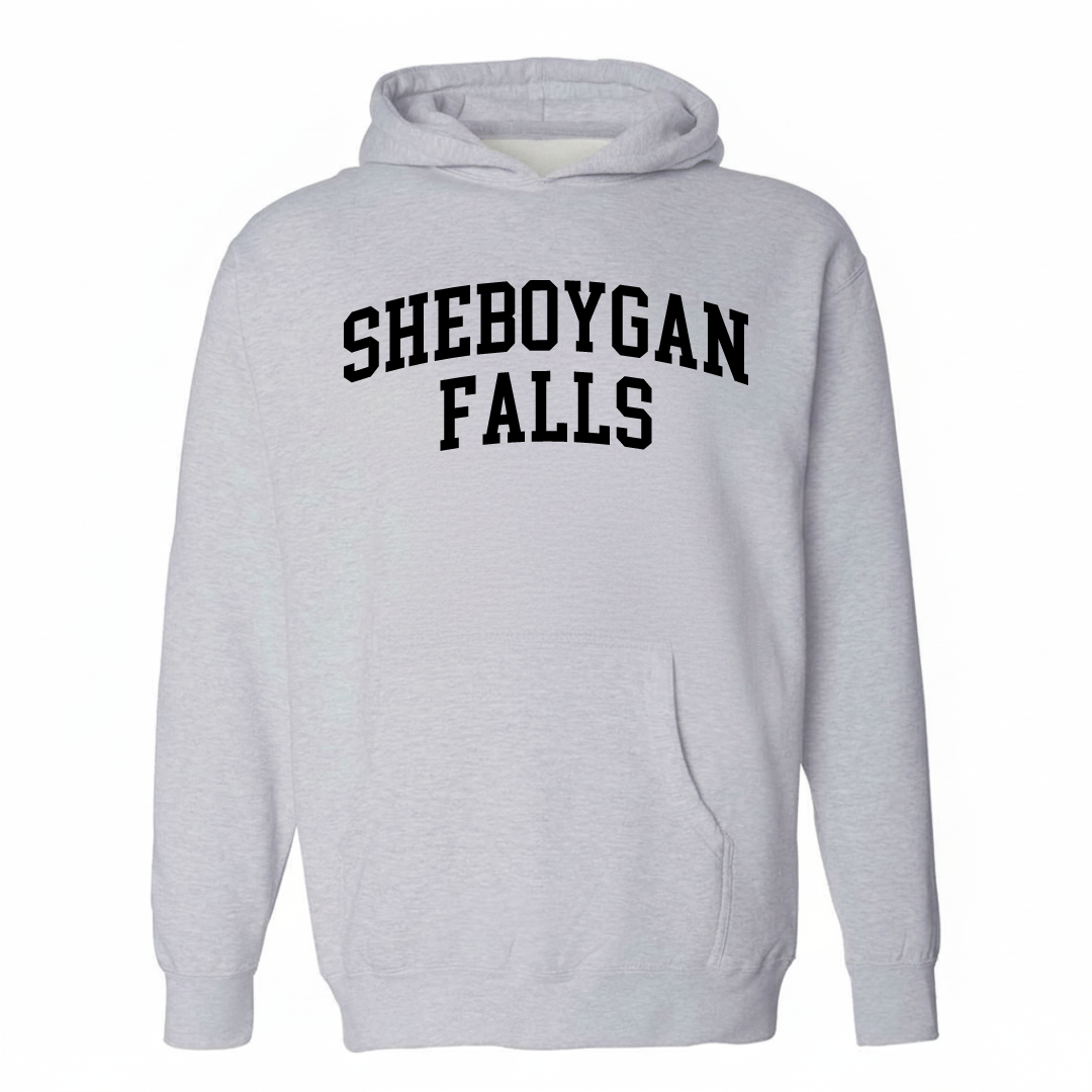 Heather-gray hoodie with the Sheboygan Falls varsity arched lettering design on the chest.