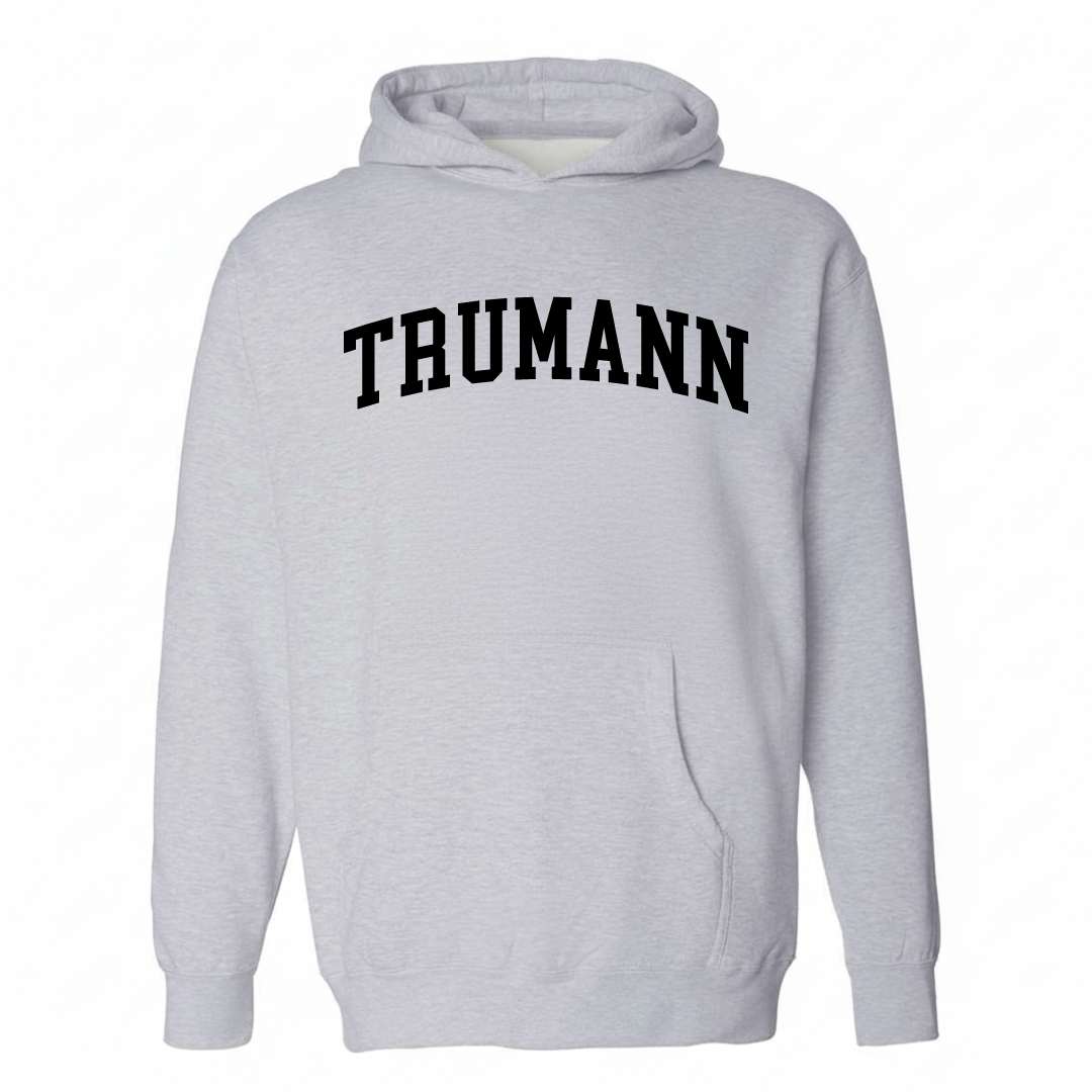 Heather-gray hoodie with the Trumann arched lettering varsity-collegiate design on the chest.