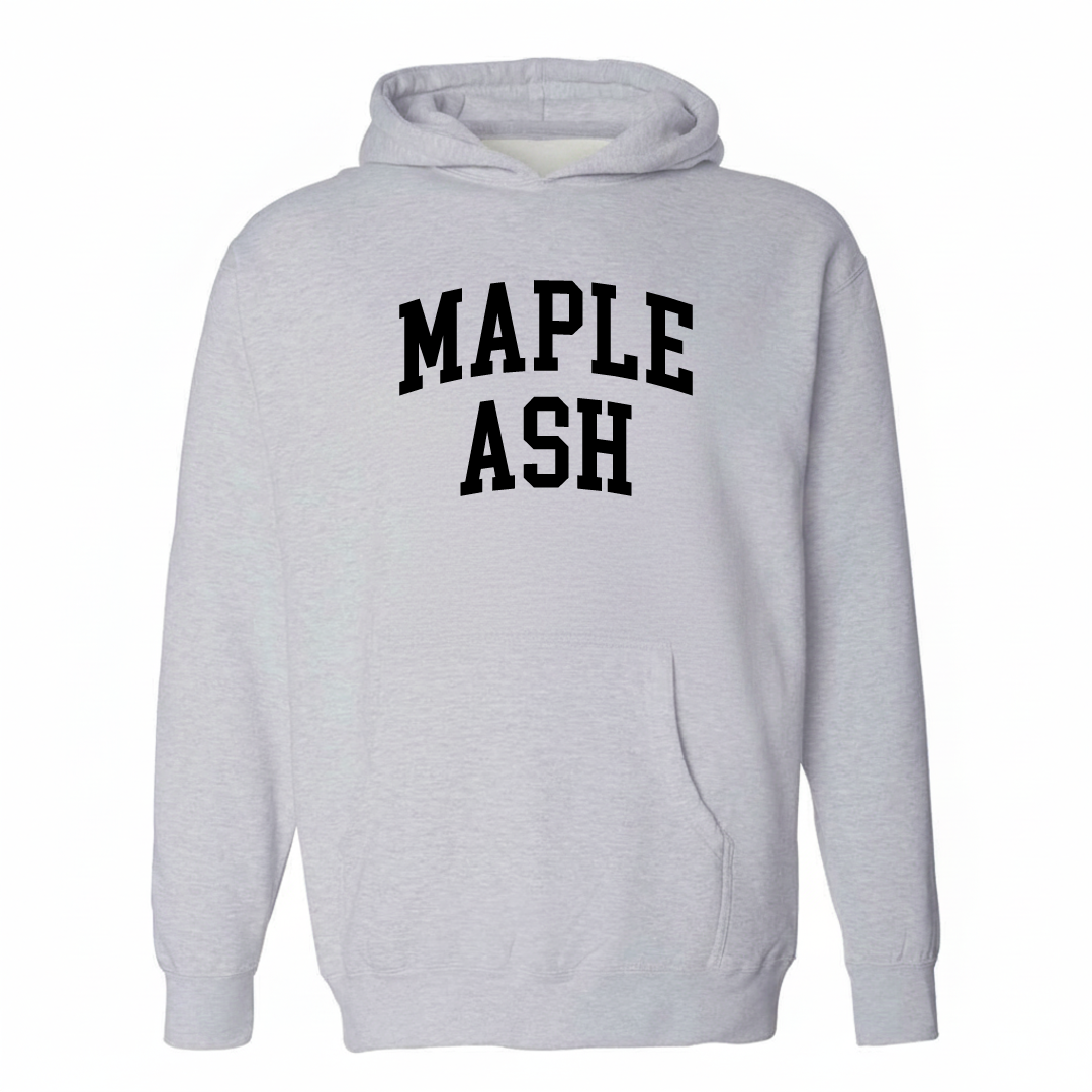 Heather-gray hoodie with the Maple-Ash varsity arched lettering design on the chest.