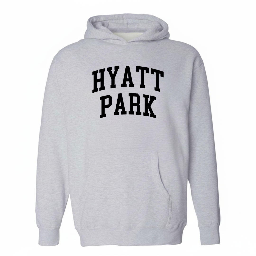 Heather-gray hoodie with the Hyatt Park varsity arched lettering design on the chest.