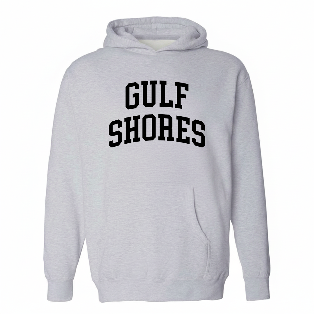 Heather-gray hoodie with the Gulf Shores varsity arched lettering design on the chest.