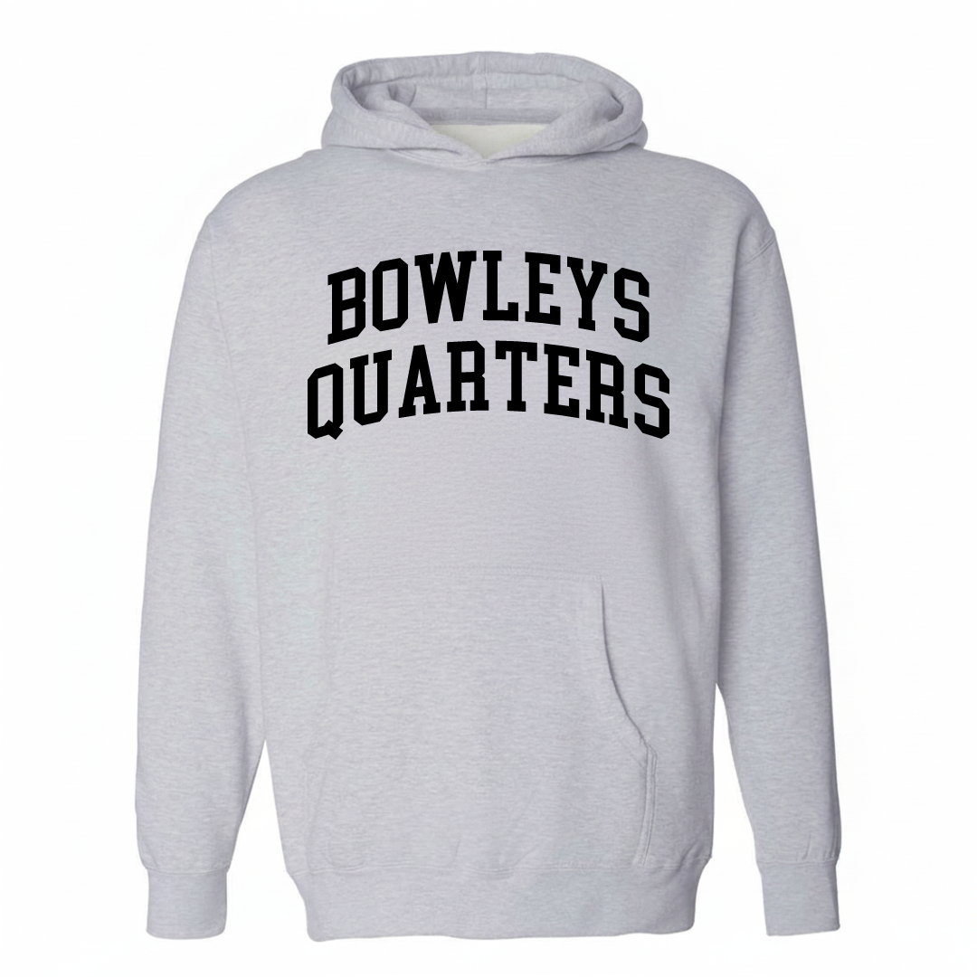 Heather-gray hoodie with the Bowleys Quarters varsity arched lettering design on the chest.