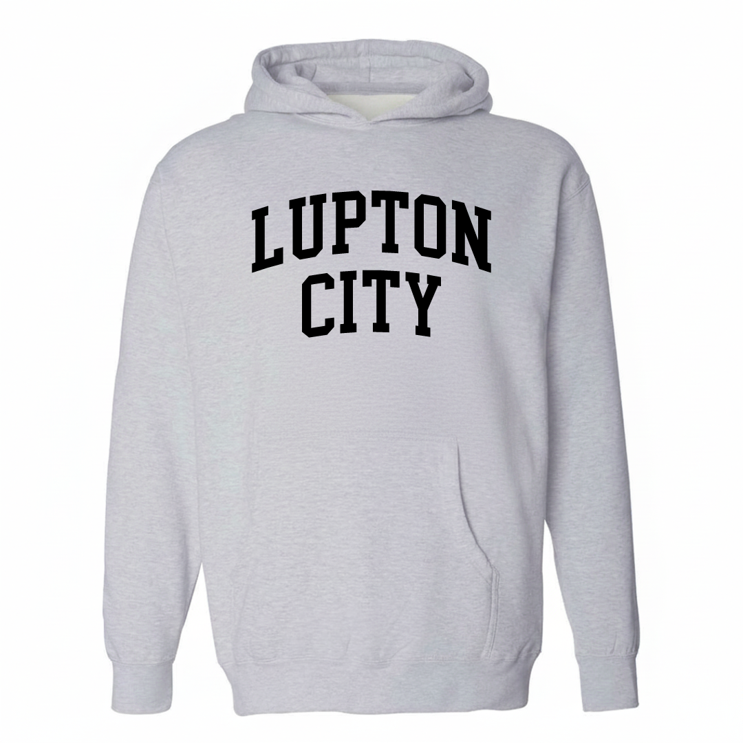 Heather-gray hoodie with the Lupton City varsity arched lettering design on the chest.