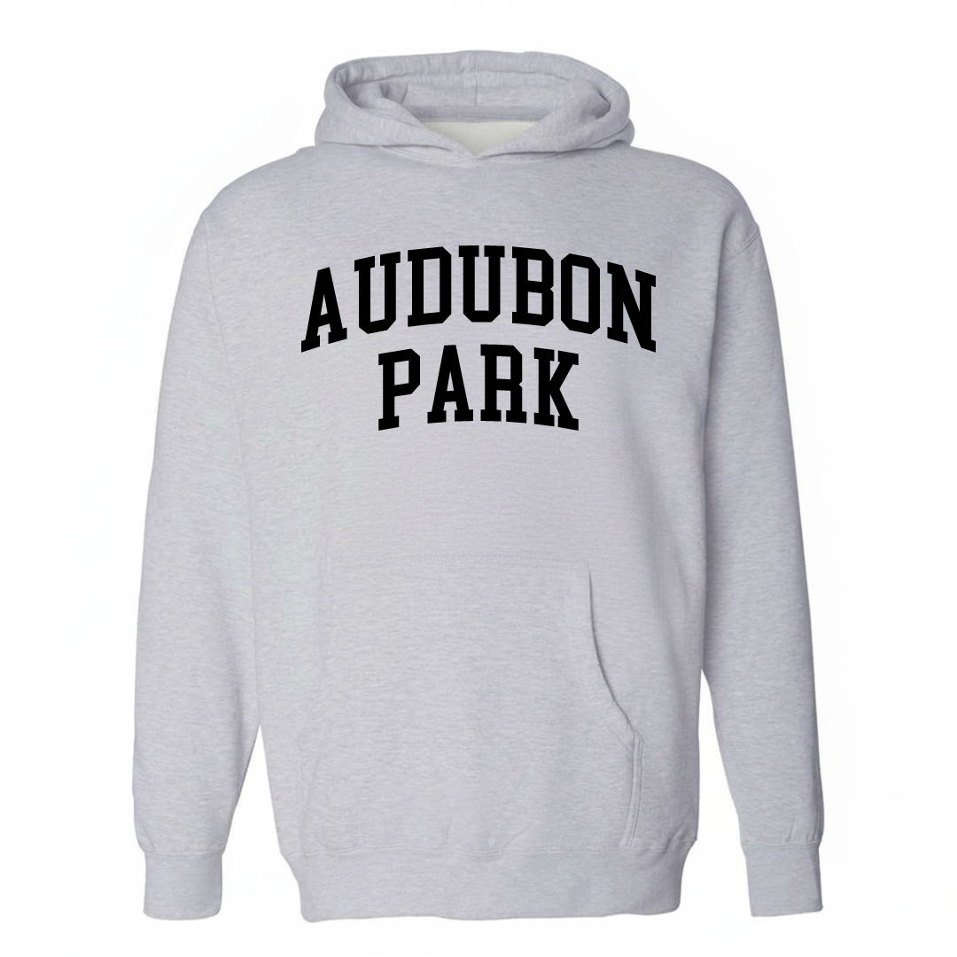 Heather-gray hoodie with the Audubon Park varsity arched lettering design on the chest.