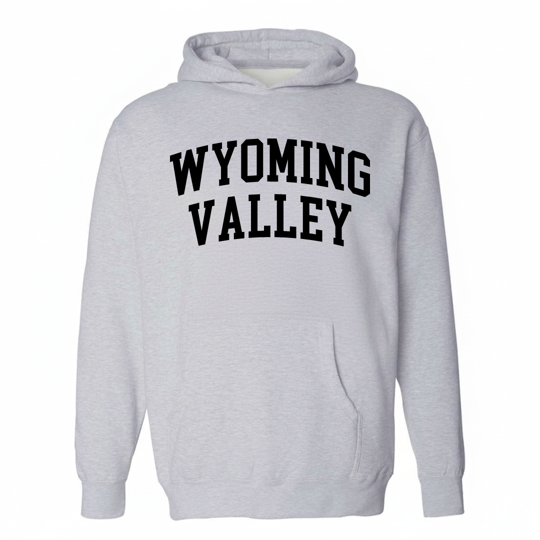 Heather-gray hoodie with the Wyoming Valley varsity arched lettering design on the chest.