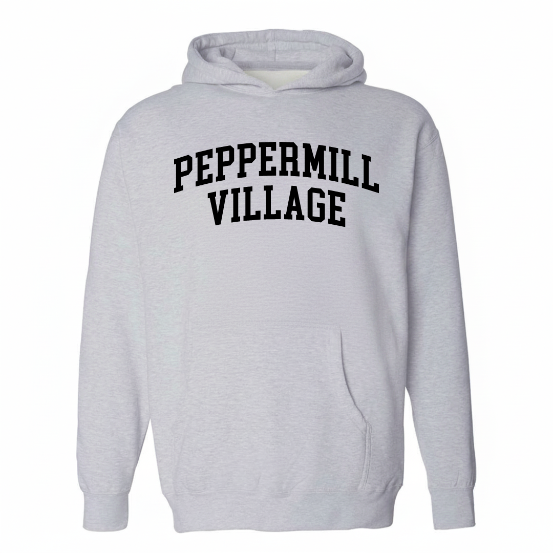 Heather-gray hoodie with the Peppermill Village varsity arched lettering design on the chest.
