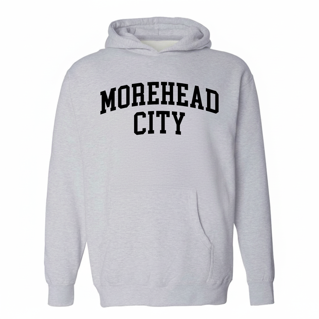 Heather-gray hoodie with the Morehead City varsity arched lettering design on the chest.