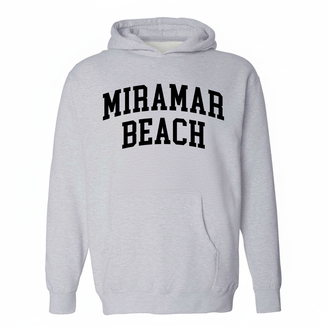 Heather-gray hoodie with the Miramar Beach varsity arched lettering design on the chest.