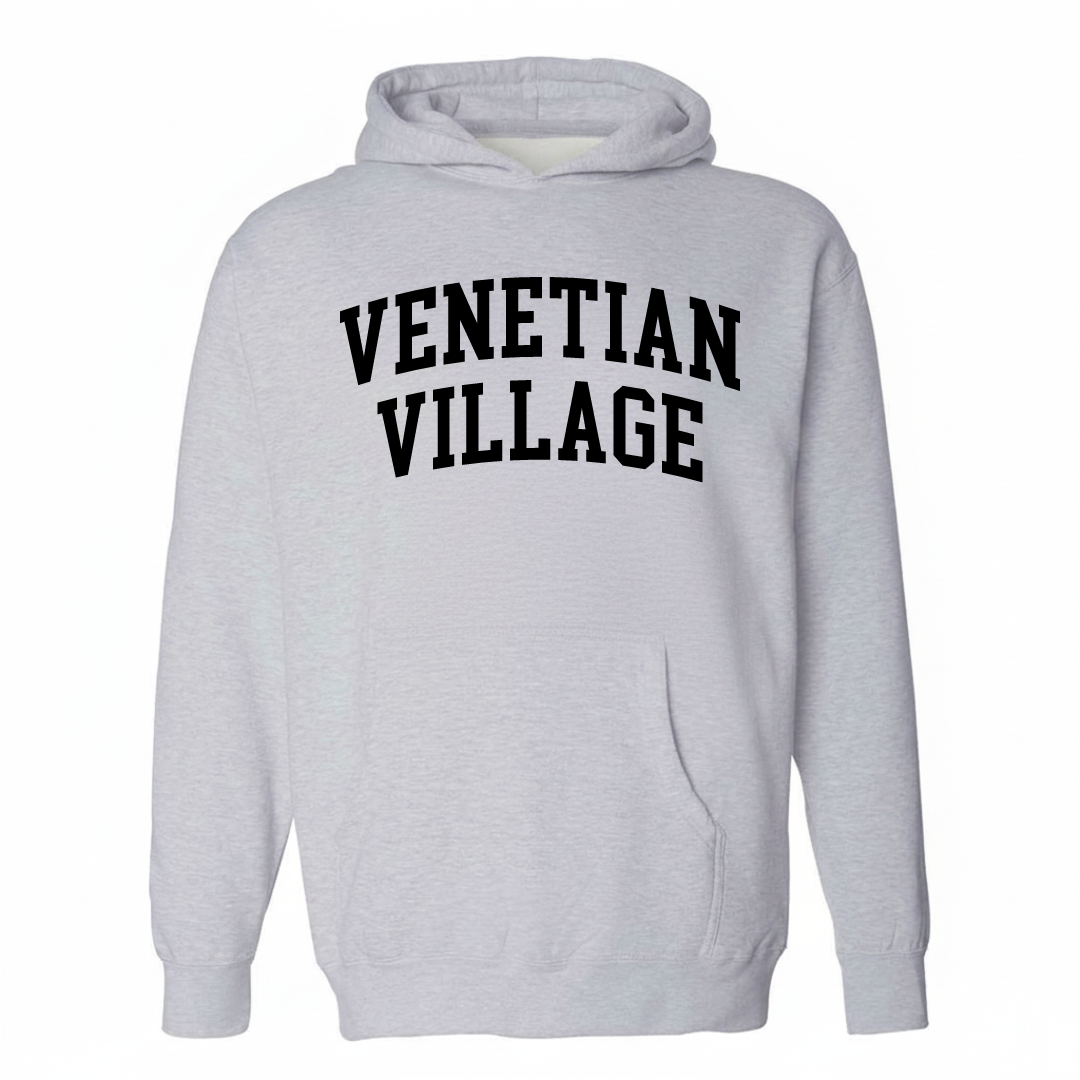 Heather-gray hoodie with the Venetian Village varsity arched lettering design on the chest.