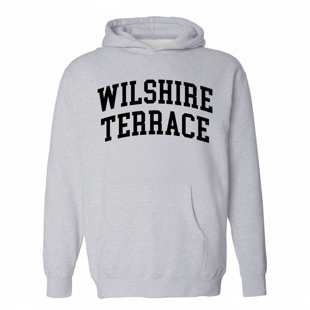 Heather-gray hoodie with the Wilshire Terrace varsity arched lettering design on the chest.