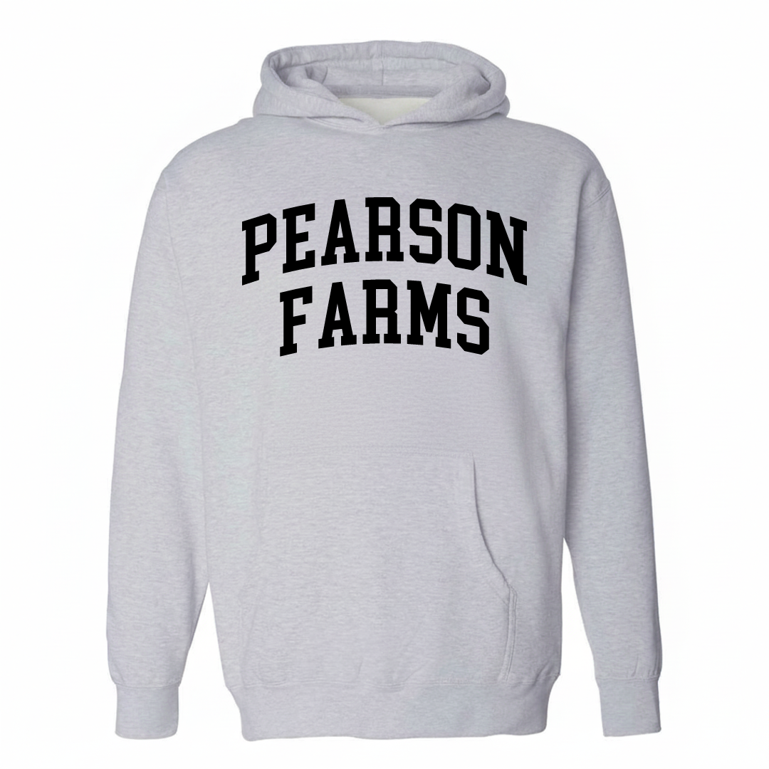 Heather-gray hoodie with the Pearson Farms arched varsity lettering design on the chest.