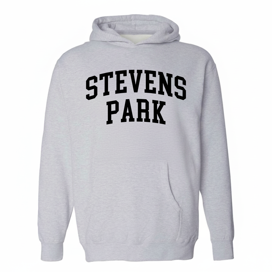 Heather-gray hoodie with the Stevens Park varsity arched lettering design on the chest.