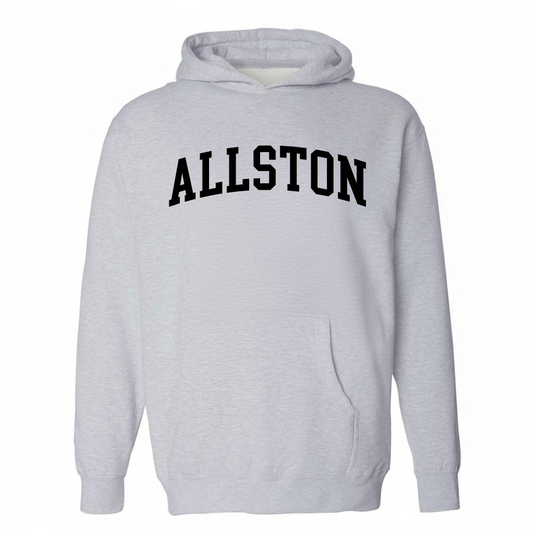 Heather-gray hoodie with the Allston arched varsity lettering design on the chest.