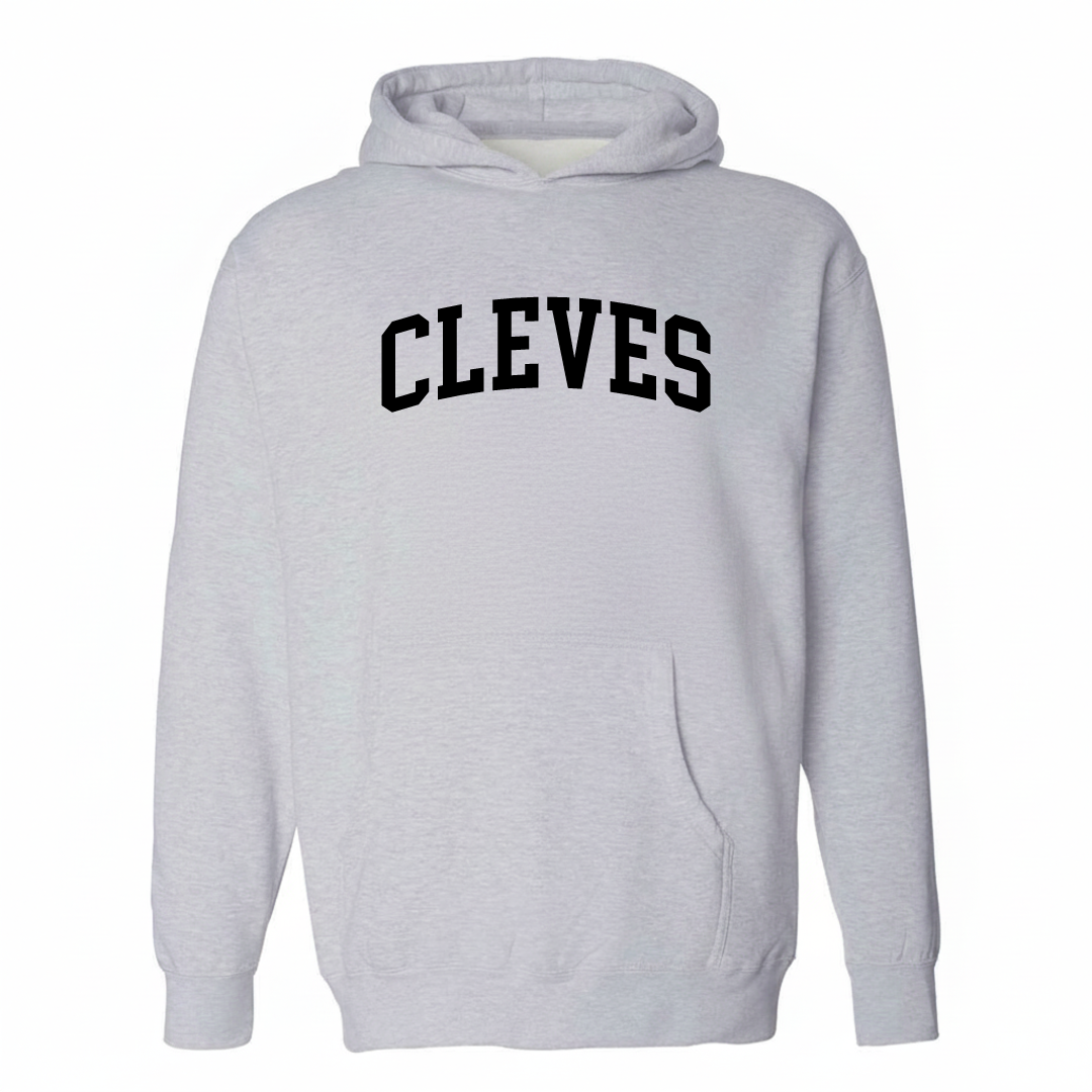Heather-gray hoodie with the Cleves varsity arched lettering design on the chest.