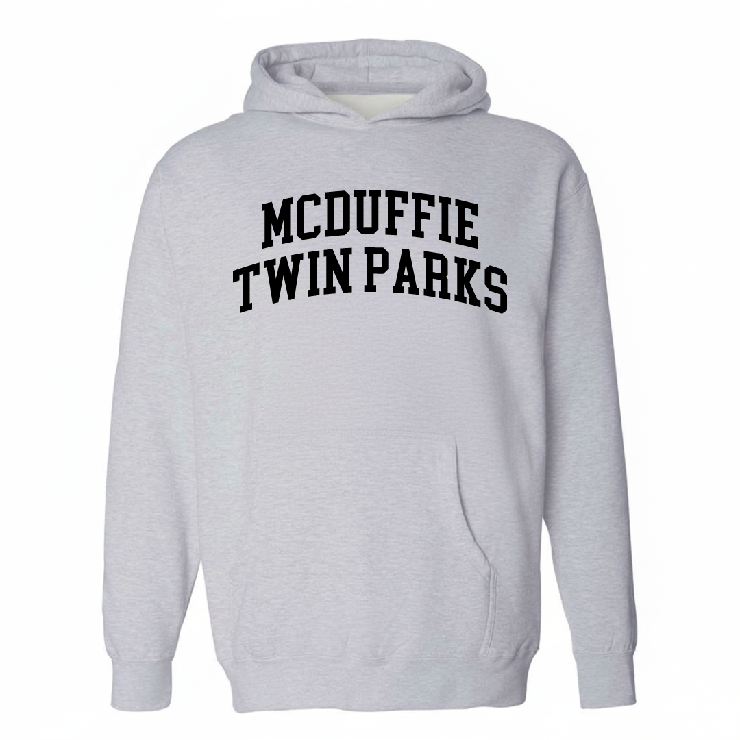 Heather-gray hoodie with the McDuffie-Twin Parks arched lettering design on the chest.
