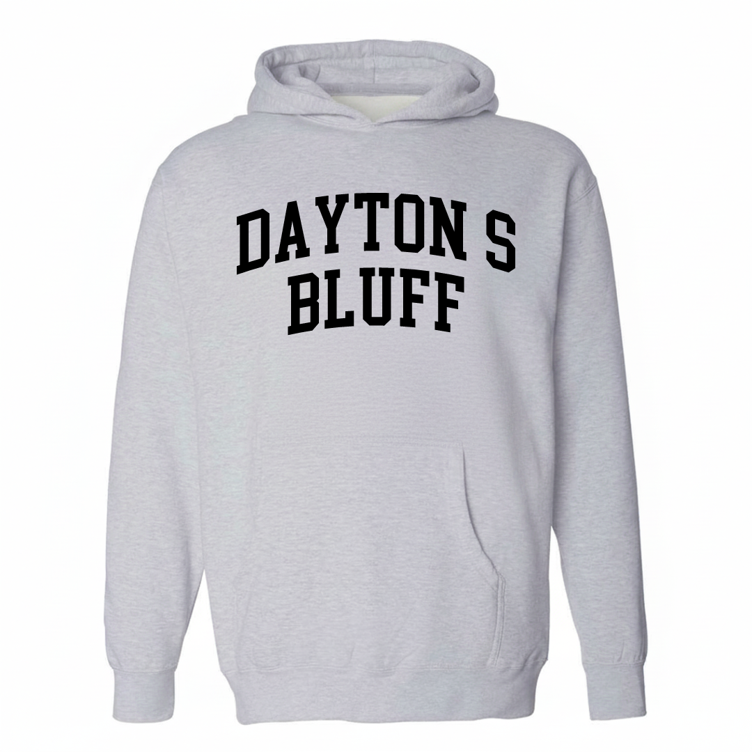 Heather-gray hoodie with the Dayton's Bluff varsity arched lettering design on the chest.
