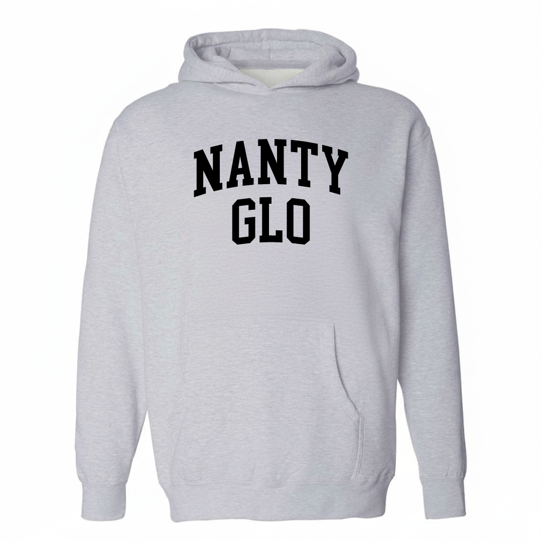 Heather-gray hoodie with the Nanty-Glo varsity arched lettering design on the chest.