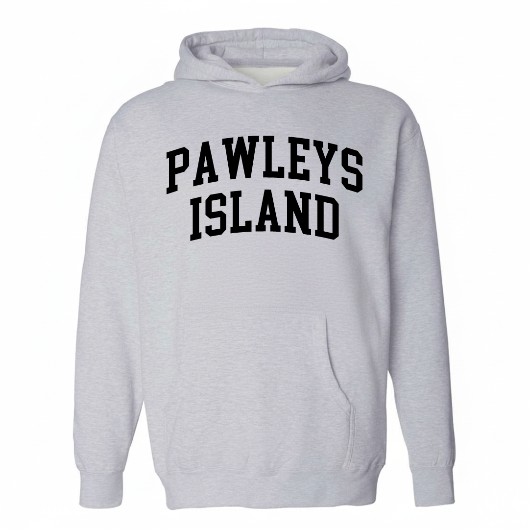 Heather-gray hoodie with the Pawleys Island varsity arched lettering design on the chest.
